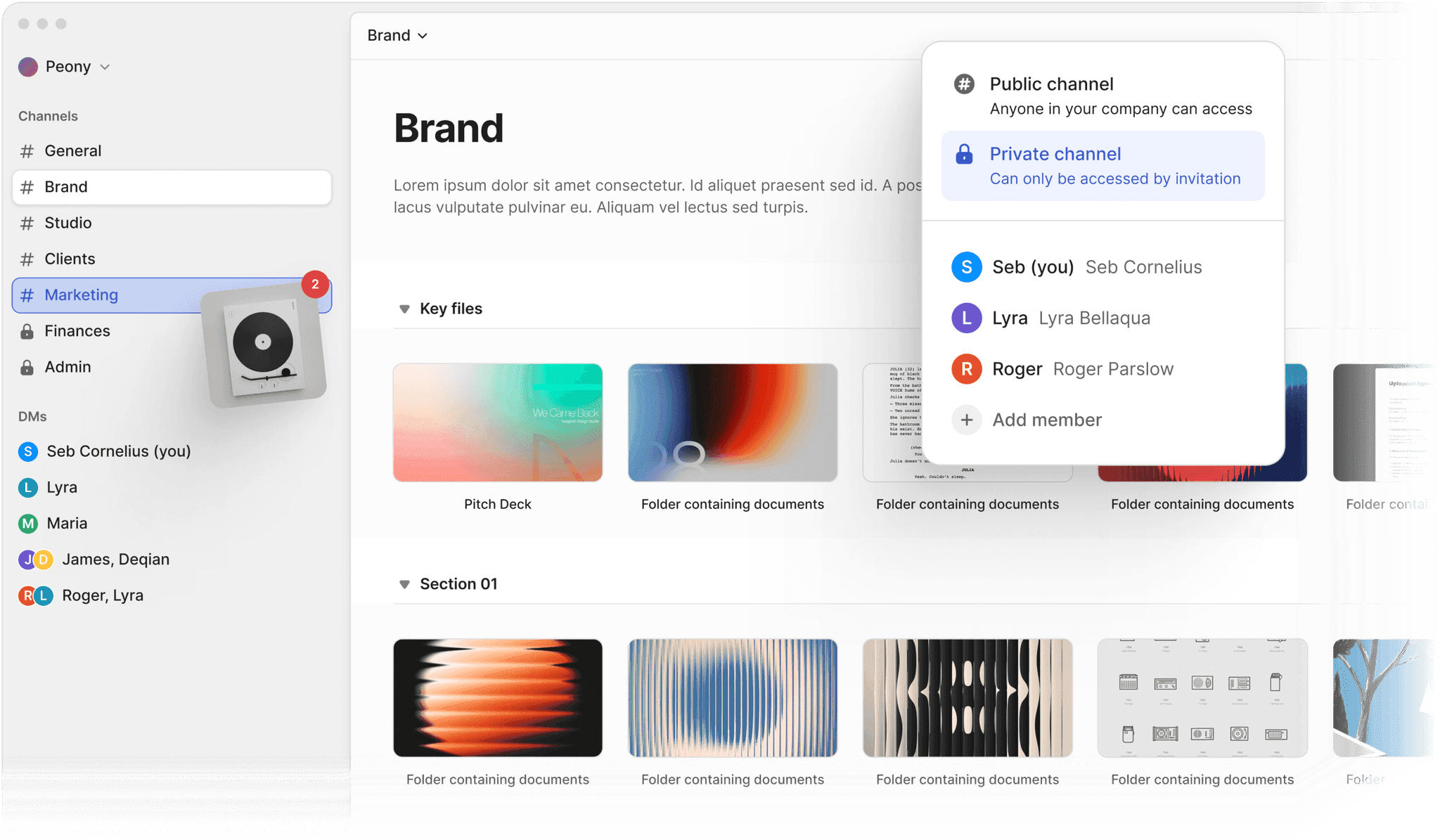 Team channels interface