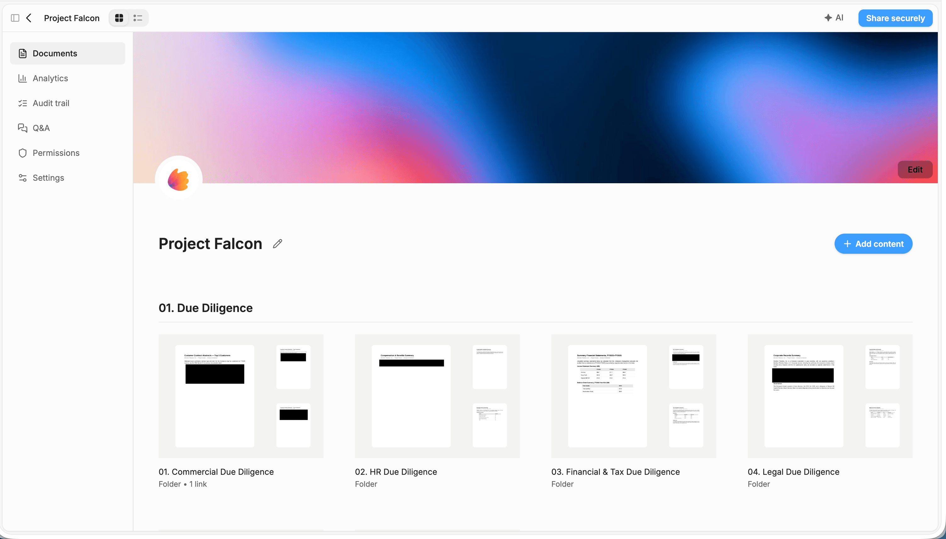 Peony M&A data room "Project Falcon" with numbered due diligence folders from Index documents