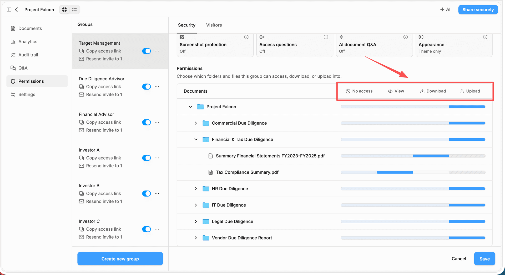 The Permissions table with the four column headers No access, View, Download and Upload highlighted, and sliders set per folder and per file