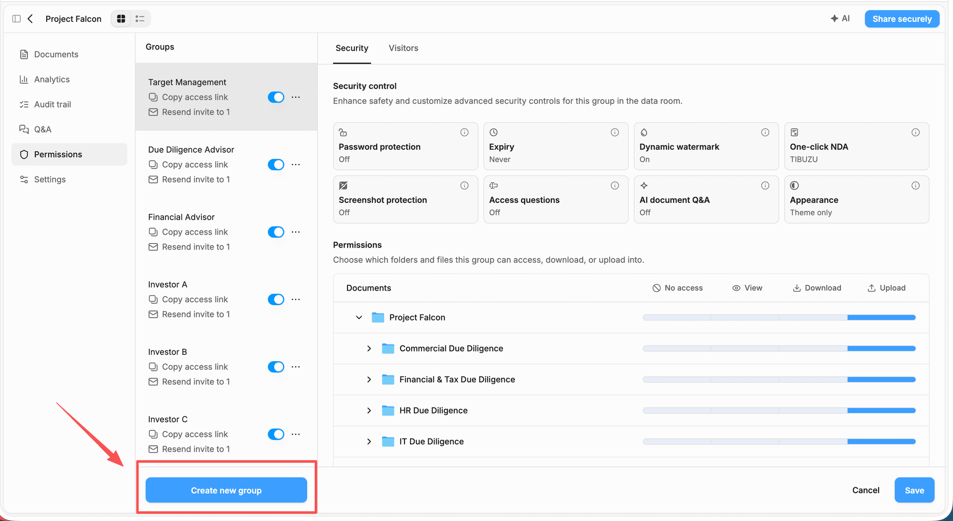 Permissions screen with the Groups column listing Target Management, Due Diligence Advisor, Financial Advisor and three investor groups, next to the group's Security control cards and Permissions table