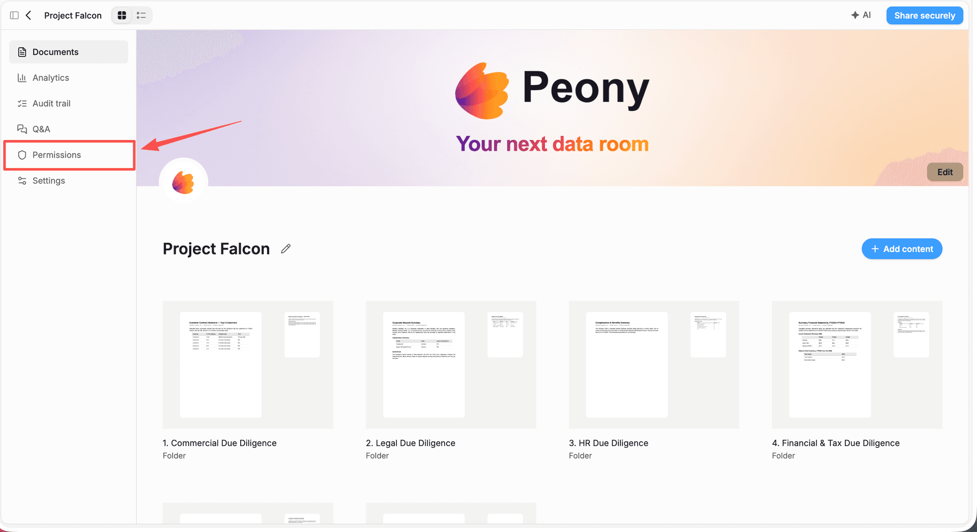 Peony data room with the left sidebar showing Documents, Analytics, Audit trail, Q&A, Permissions, and Settings — Permissions highlighted
