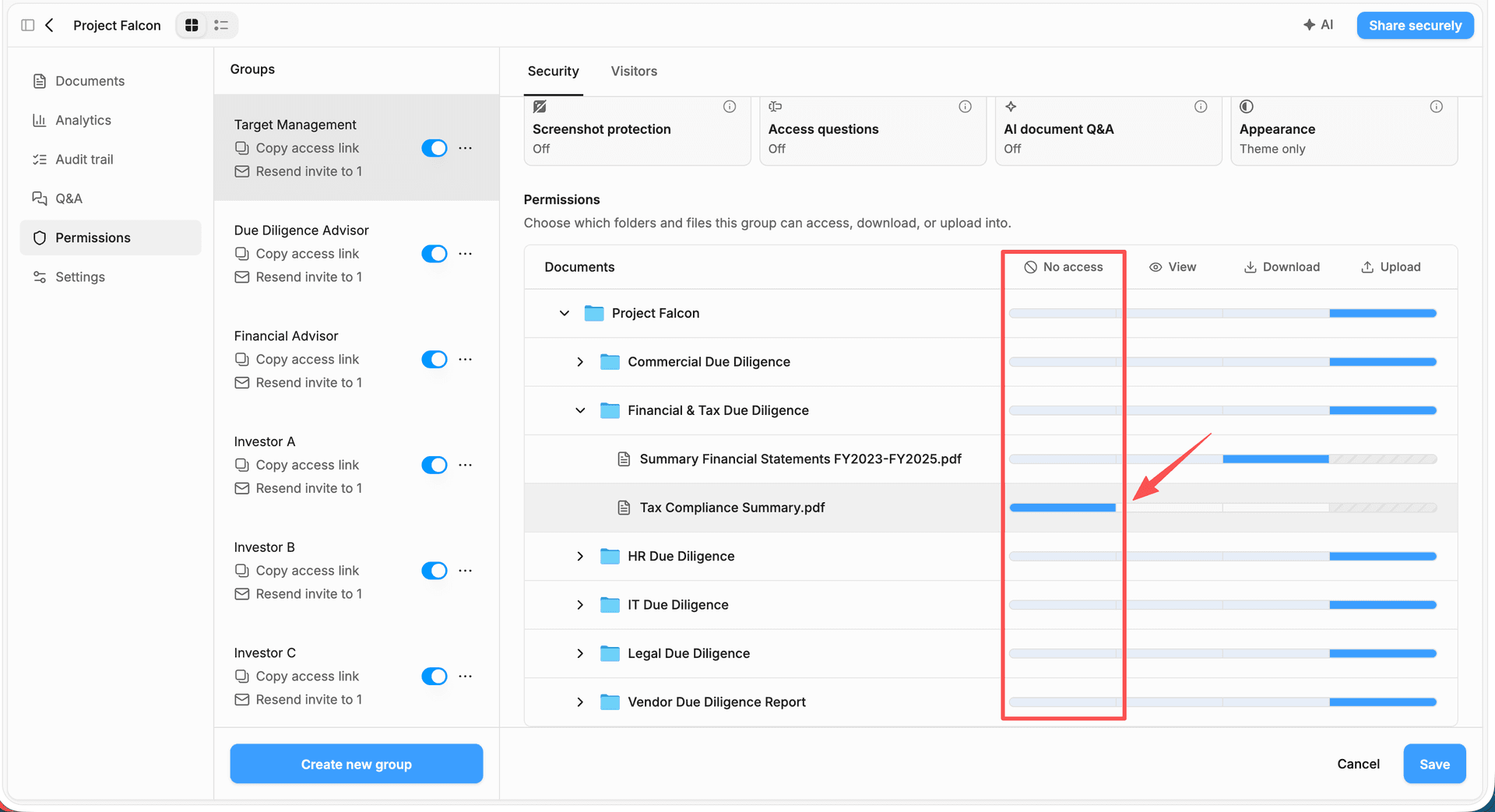 The Permissions table with the No access column highlighted and Tax Compliance Summary.pdf set to No access