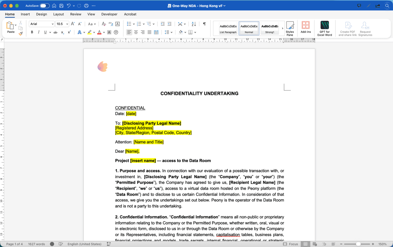 The source NDA open in Microsoft Word with placeholders such as date, Disclosing Party Legal Name, and Name and Title highlighted in yellow