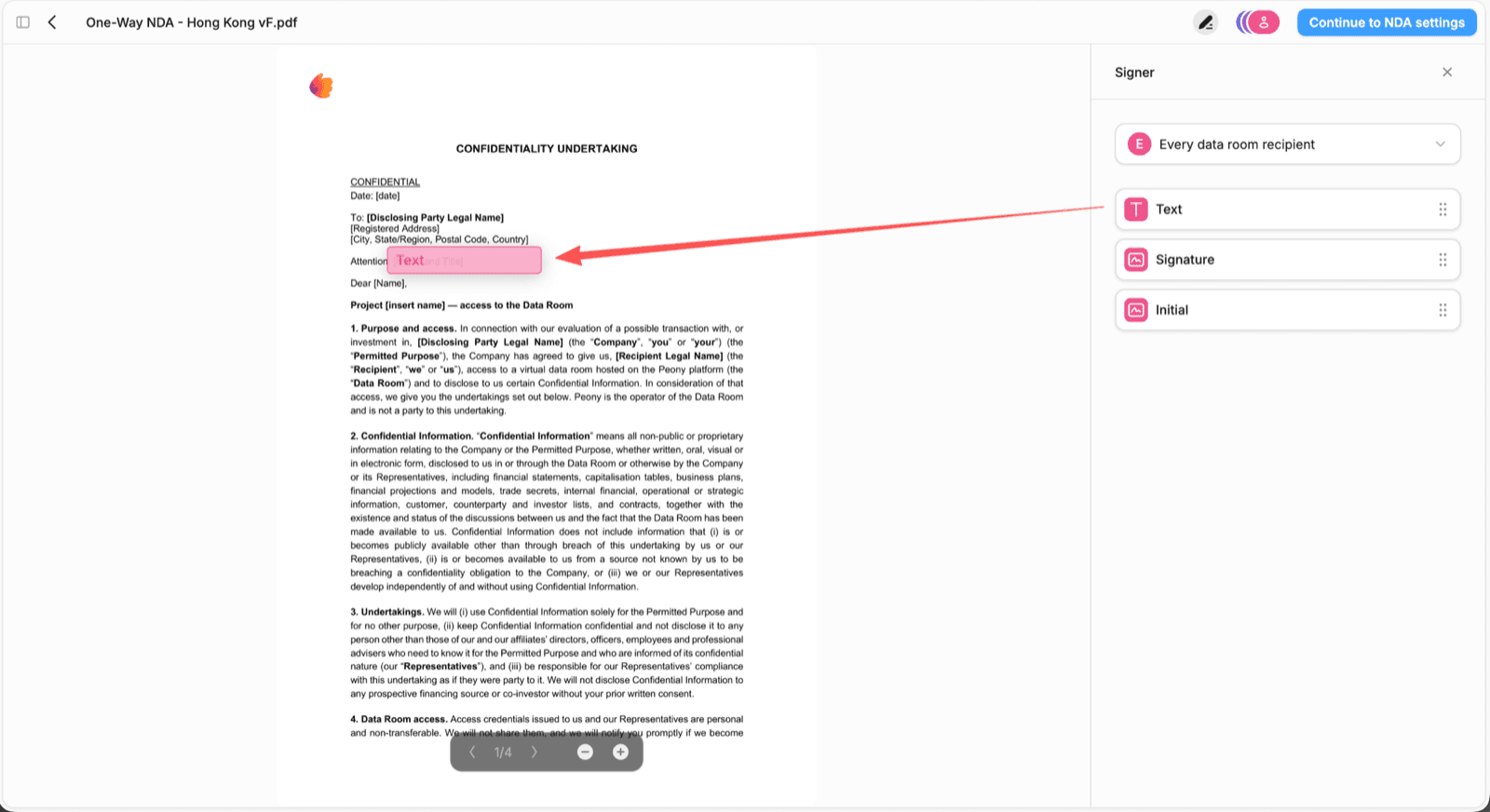 A PDF NDA in the Peony template editor with a Text field dropped onto the Attention line, and the Signer panel on the right listing Text, Signature, and Initial blocks