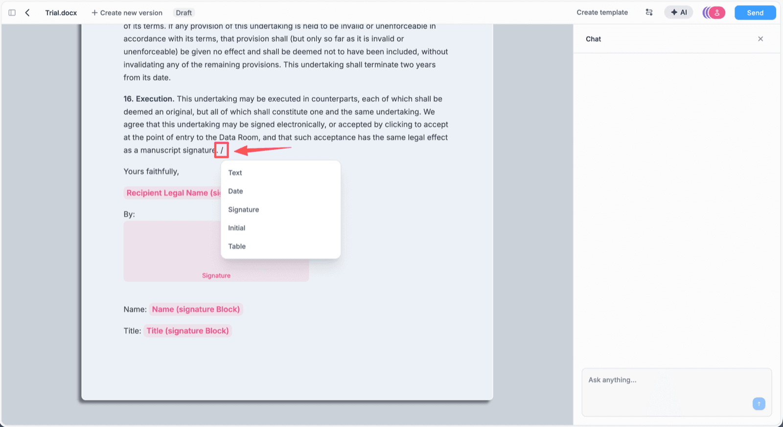 A slash typed into an NDA in the Peony editor, opening a menu listing Text, Date, Signature, Initial, and Table