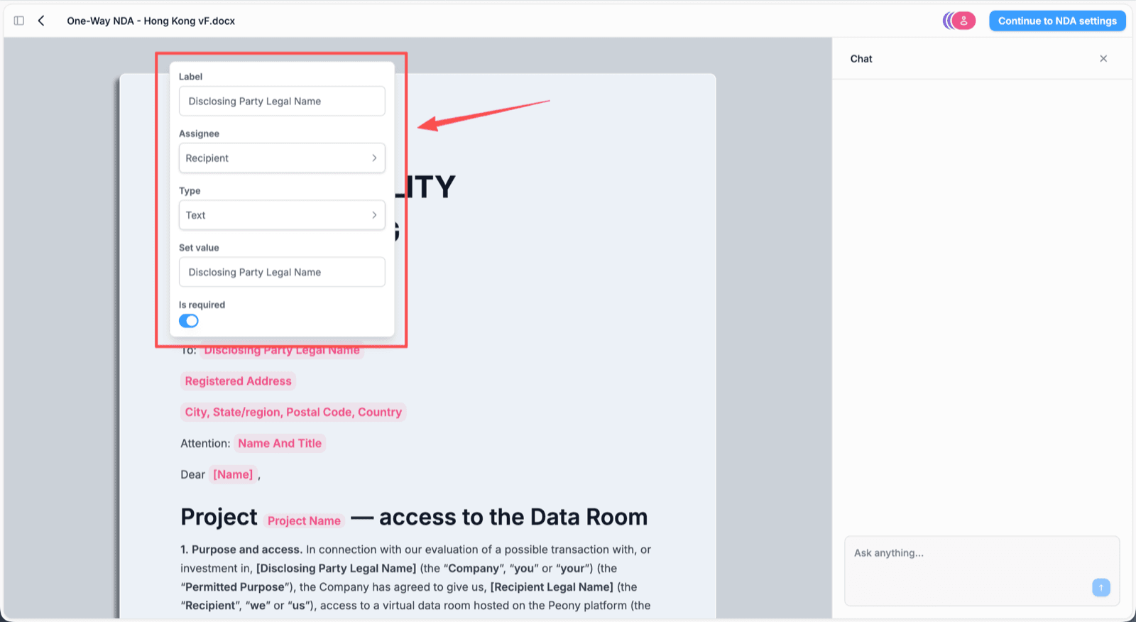 The Peony field settings panel showing Label, Assignee, Type, Set value, and an Is required toggle