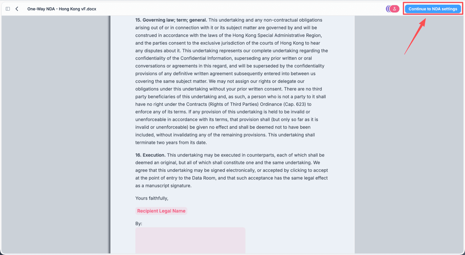 The Continue to NDA settings button highlighted in the top right of the Peony template editor