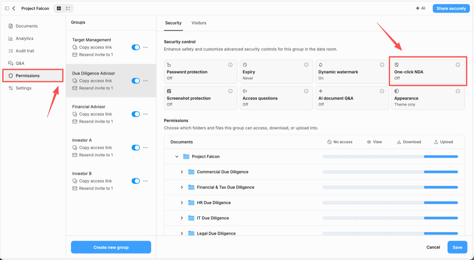 Peony Permissions tab with a visitor group selected, showing the Security control row and the One-click NDA tile set to Off