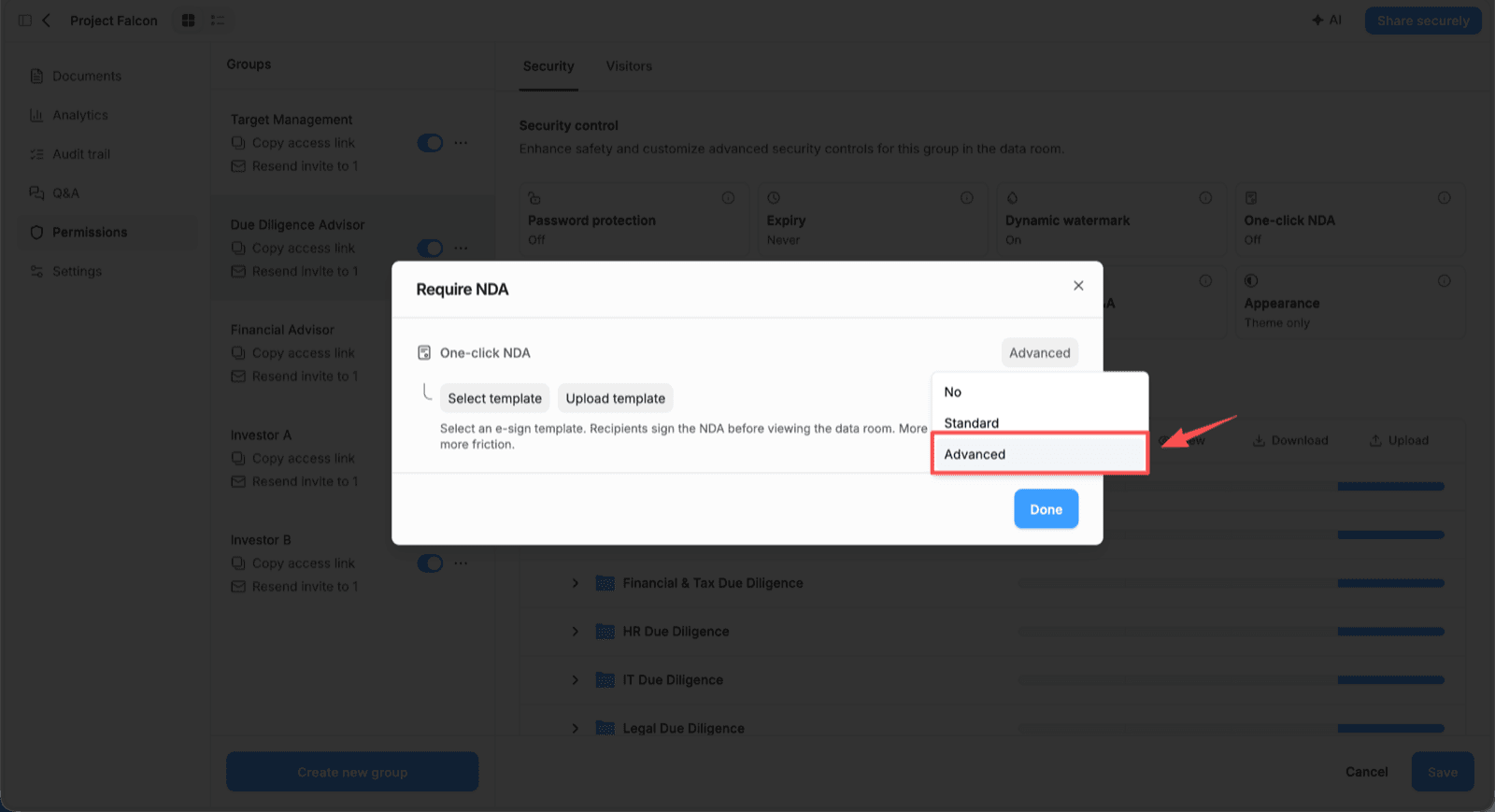The Require NDA dialog with the mode dropdown open, showing No, Standard, and Advanced options