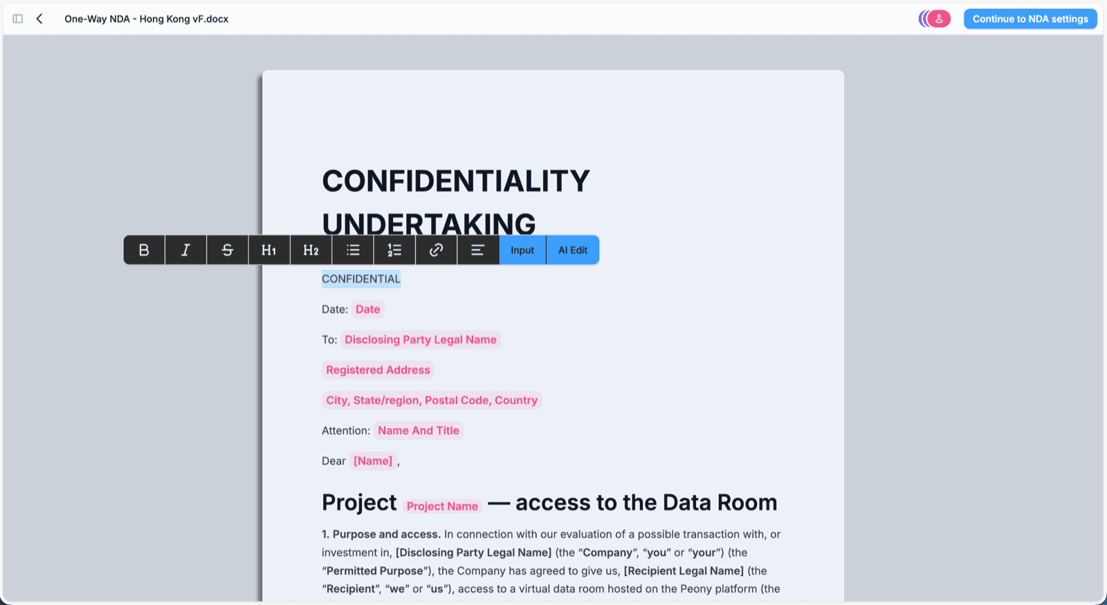 A line of NDA text selected in Peony, with a floating toolbar offering formatting controls plus Input and AI Edit