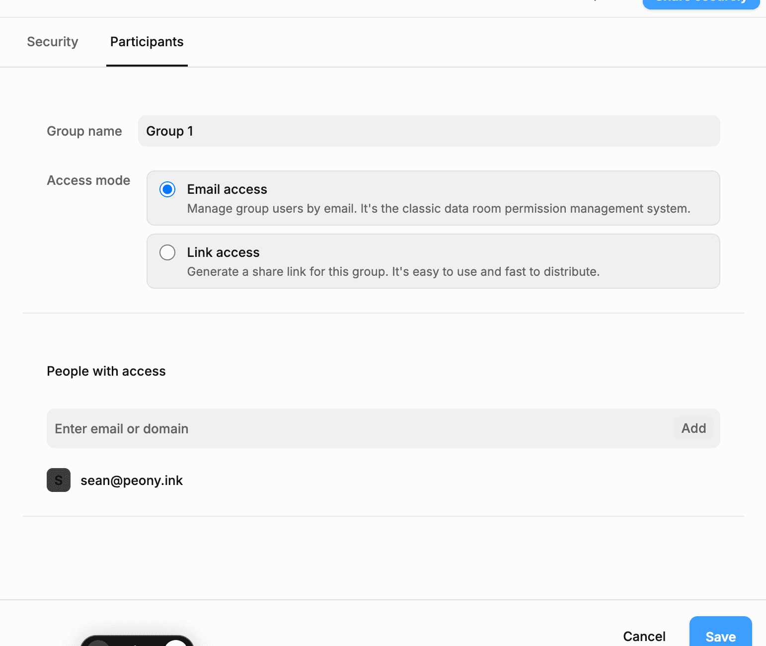 Participants tab showing Email Access selected and sean@peony.ink as an approved participant
