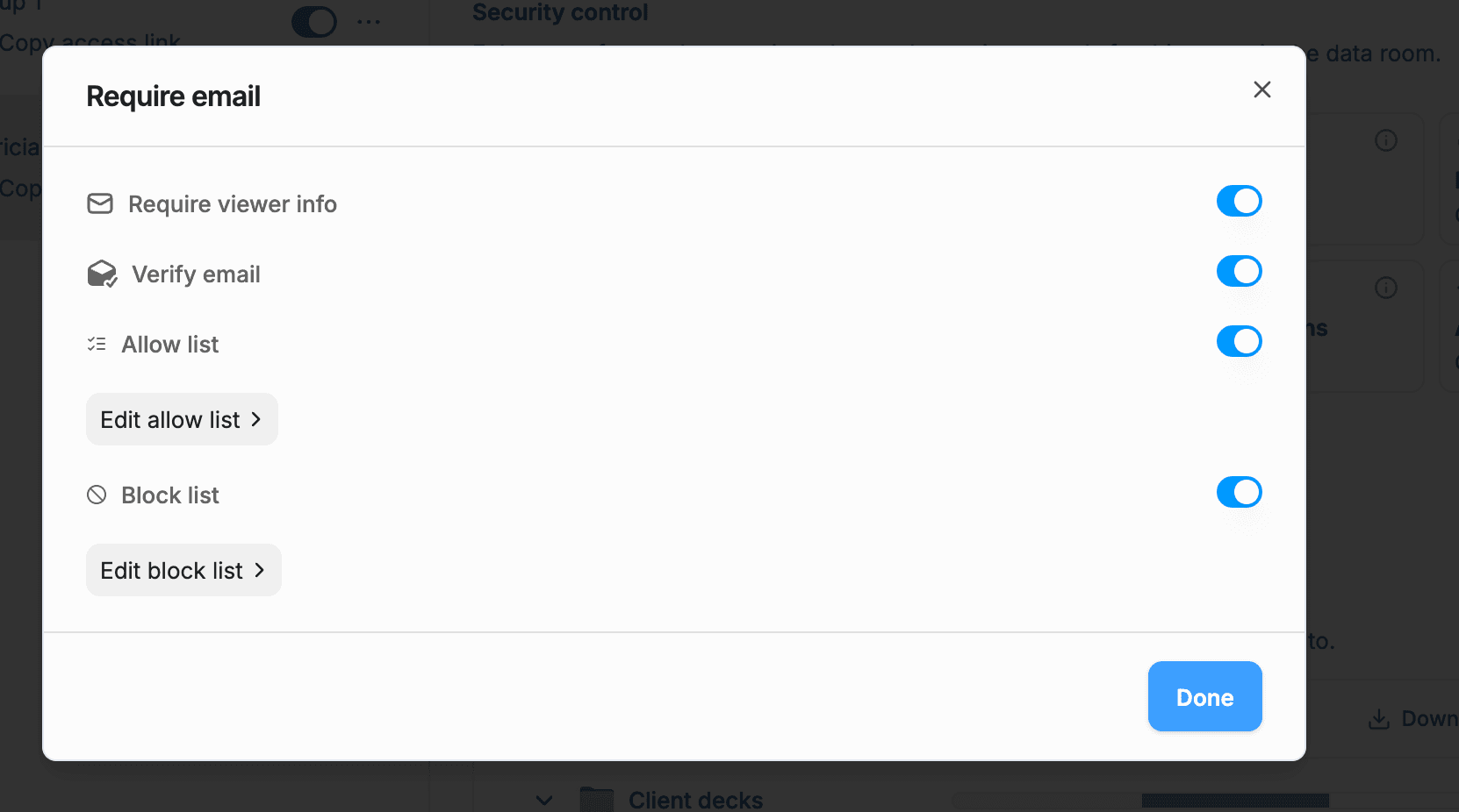 Require email modal showing toggles for Require viewer info, Verify email, Allow list, and Block list