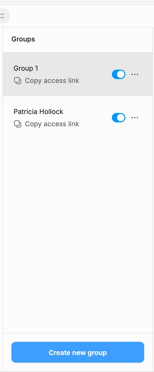 Groups sidebar listing Group 1 and Patricia Hollock with copy-access-link shortcuts and a Create new group button