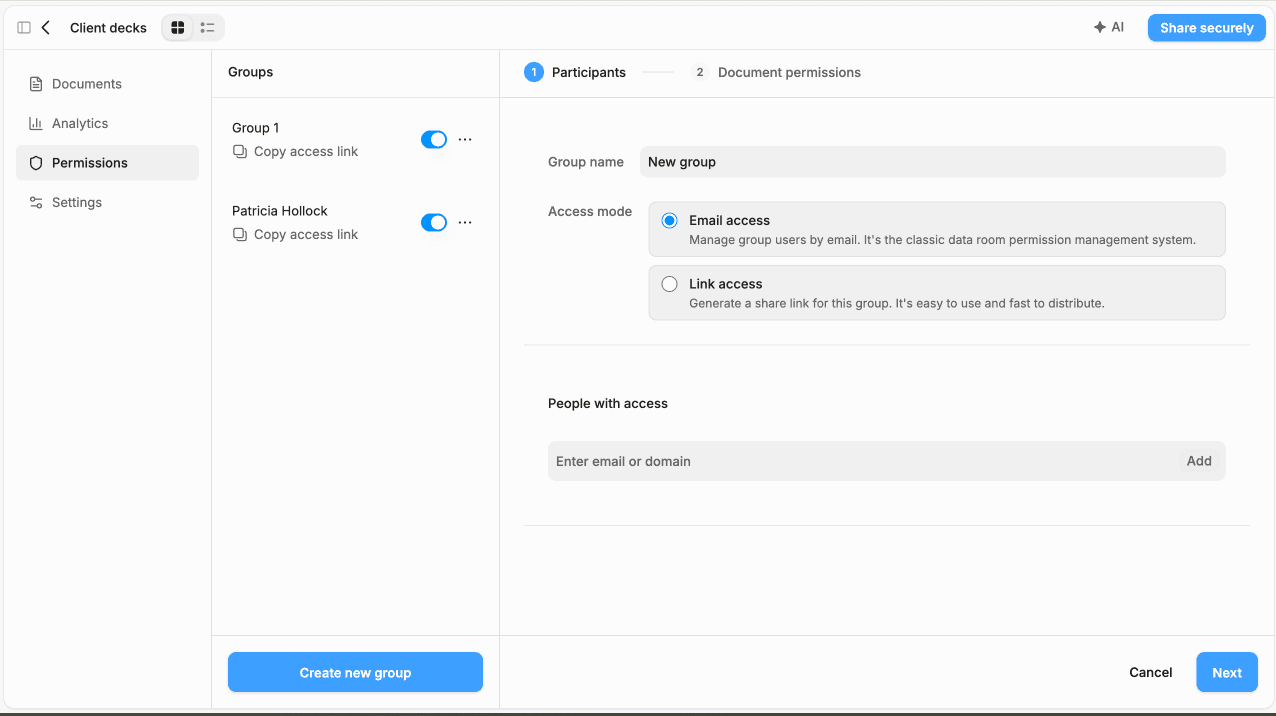 Data room Permissions tab showing the Groups sidebar with a default Group 1 and a Patricia Hollock group, each with a "Copy access link" shortcut, and the new-group wizard with Email access vs Link access