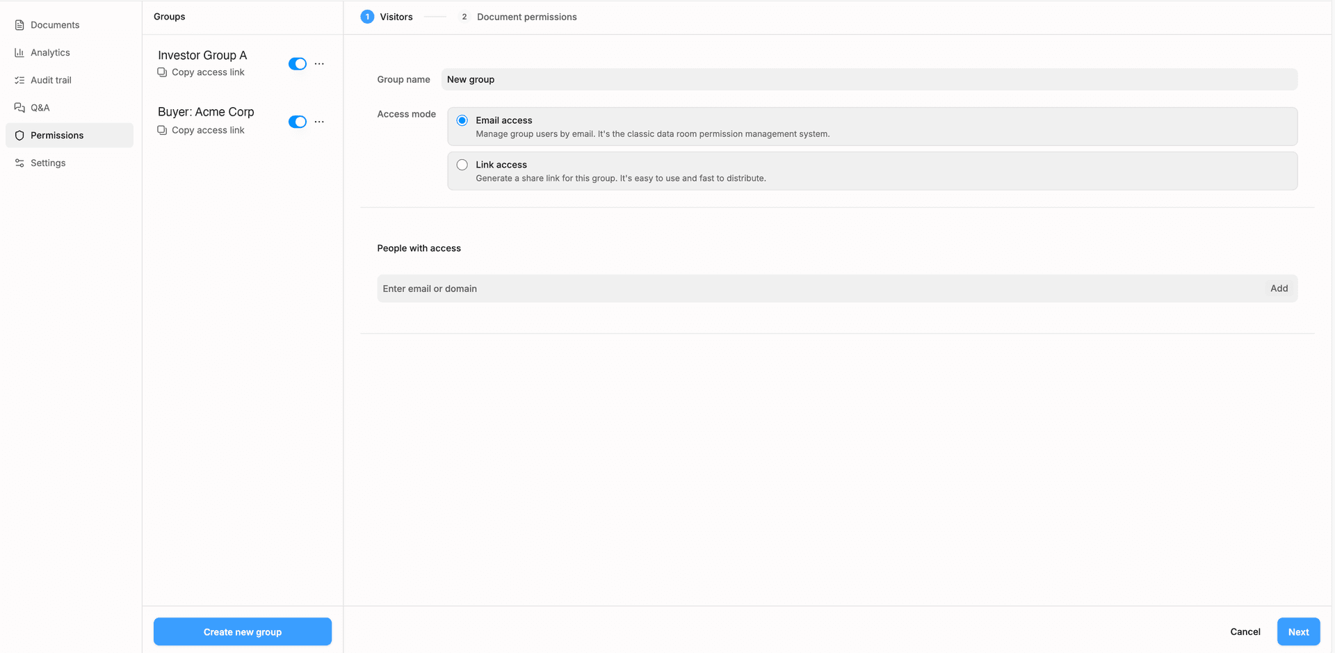 Data room Permissions tab: the Groups sidebar with a per-group toggle, a Copy access link shortcut, and a Create new group button, next to the group wizard step 1 Visitors with Email access selected