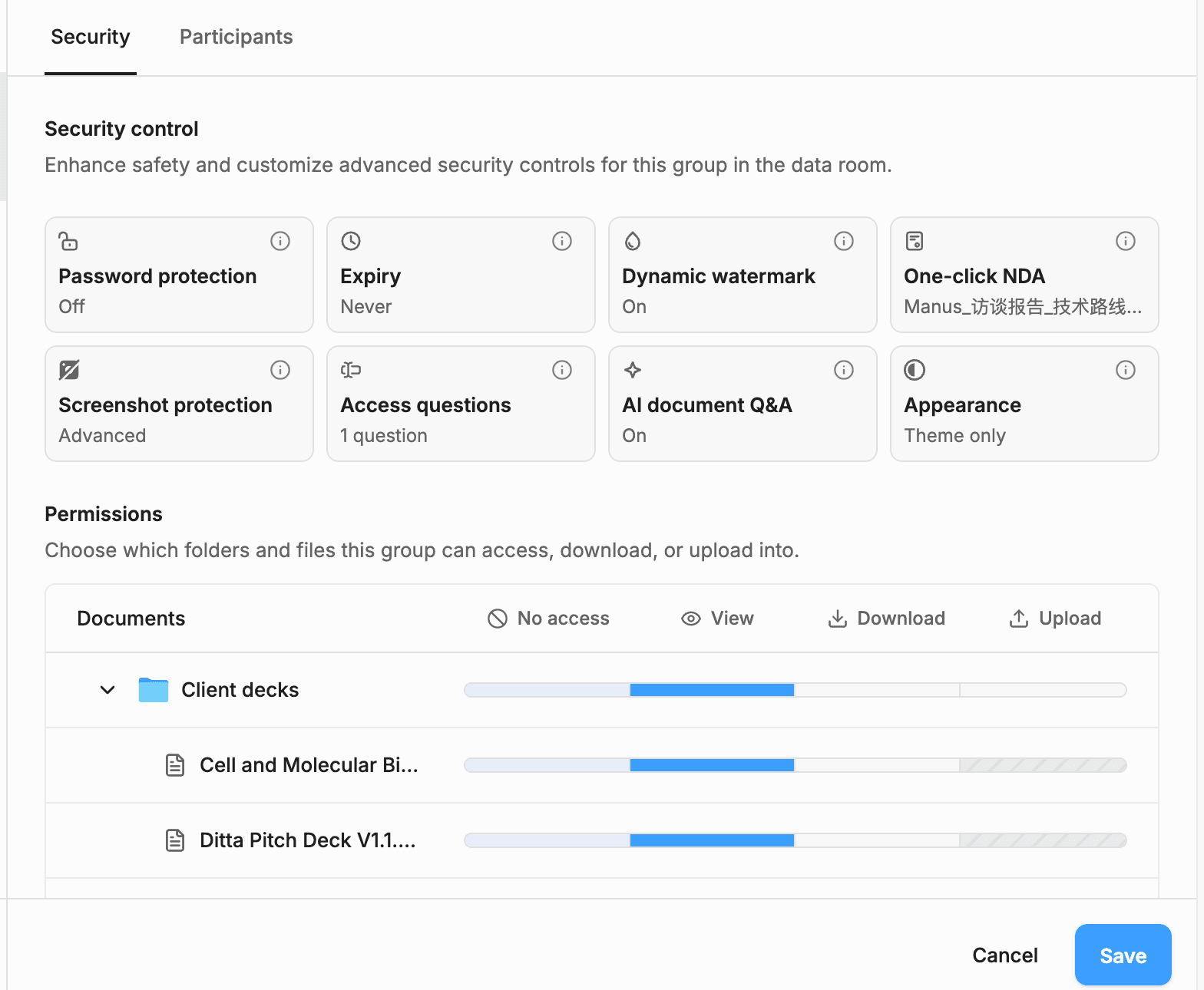 Security control panel showing password protection, expiry, dynamic watermark, one-click NDA, screenshot protection, access questions, AI document Q&A, and appearance, plus per-folder permissions table