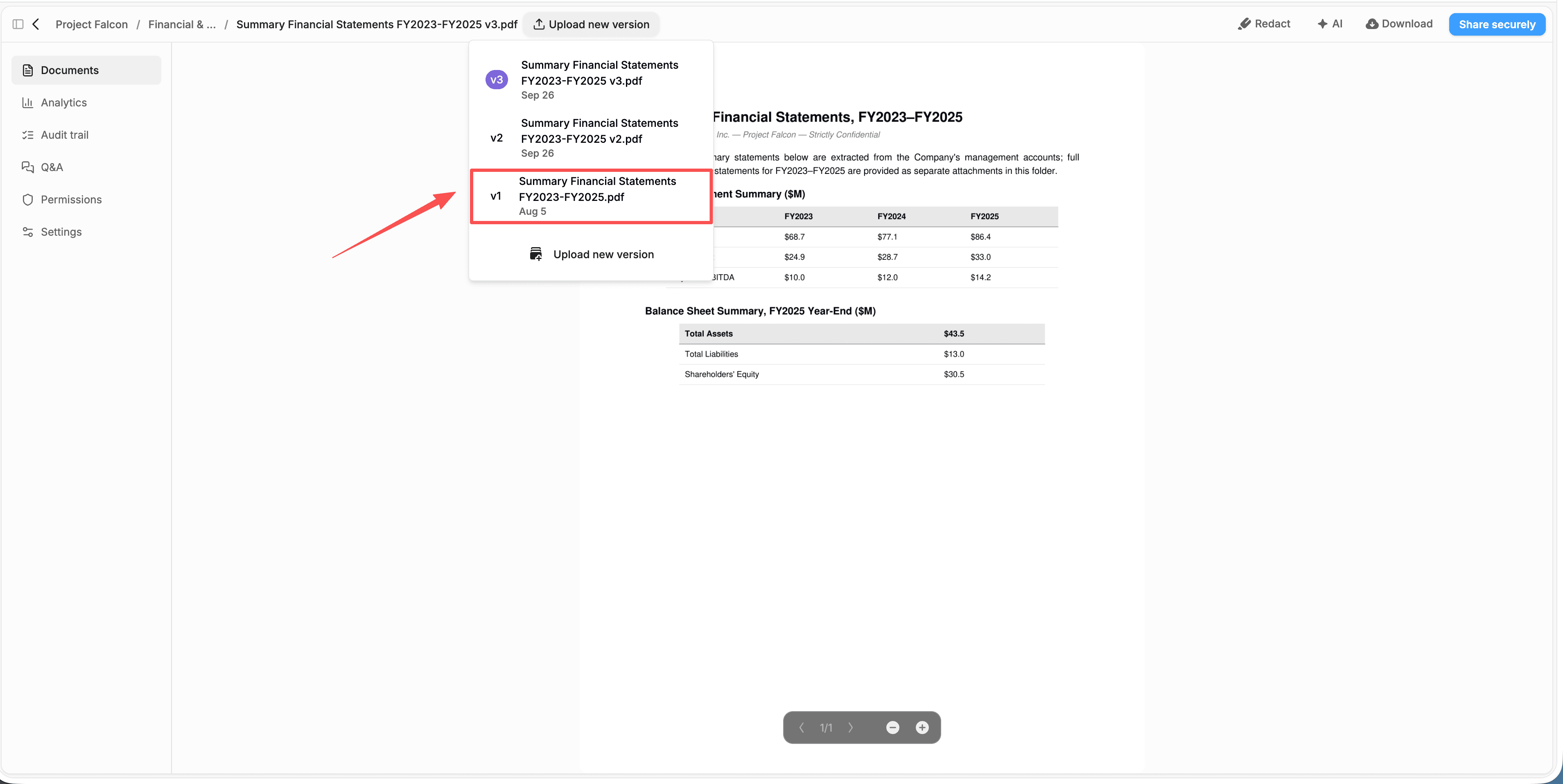 Peony version menu under Upload new version, listing v3, v2 and v1 of a file with their upload dates