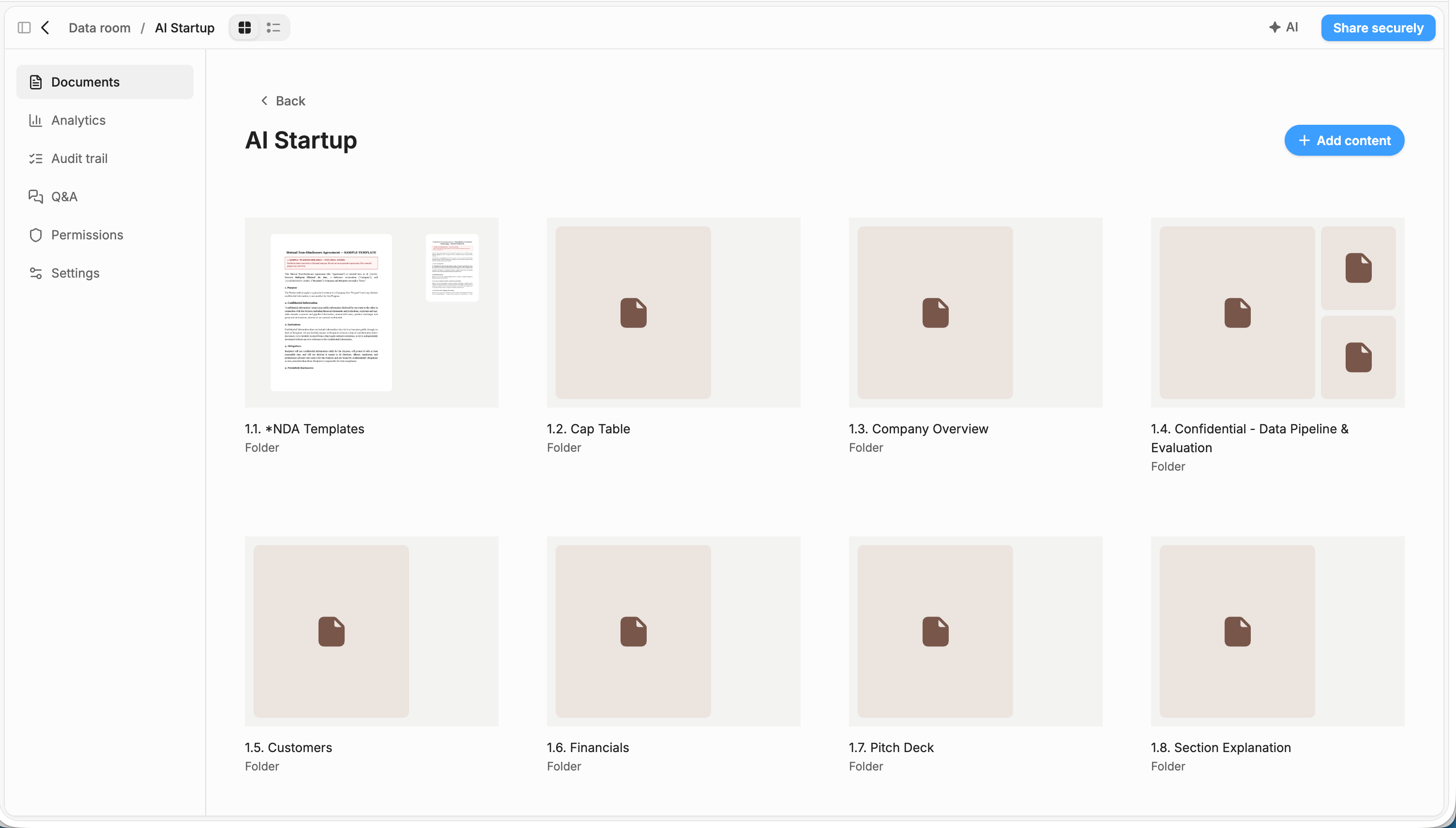 Peony data room in grid view after a folder upload, with Index documents numbering every folder