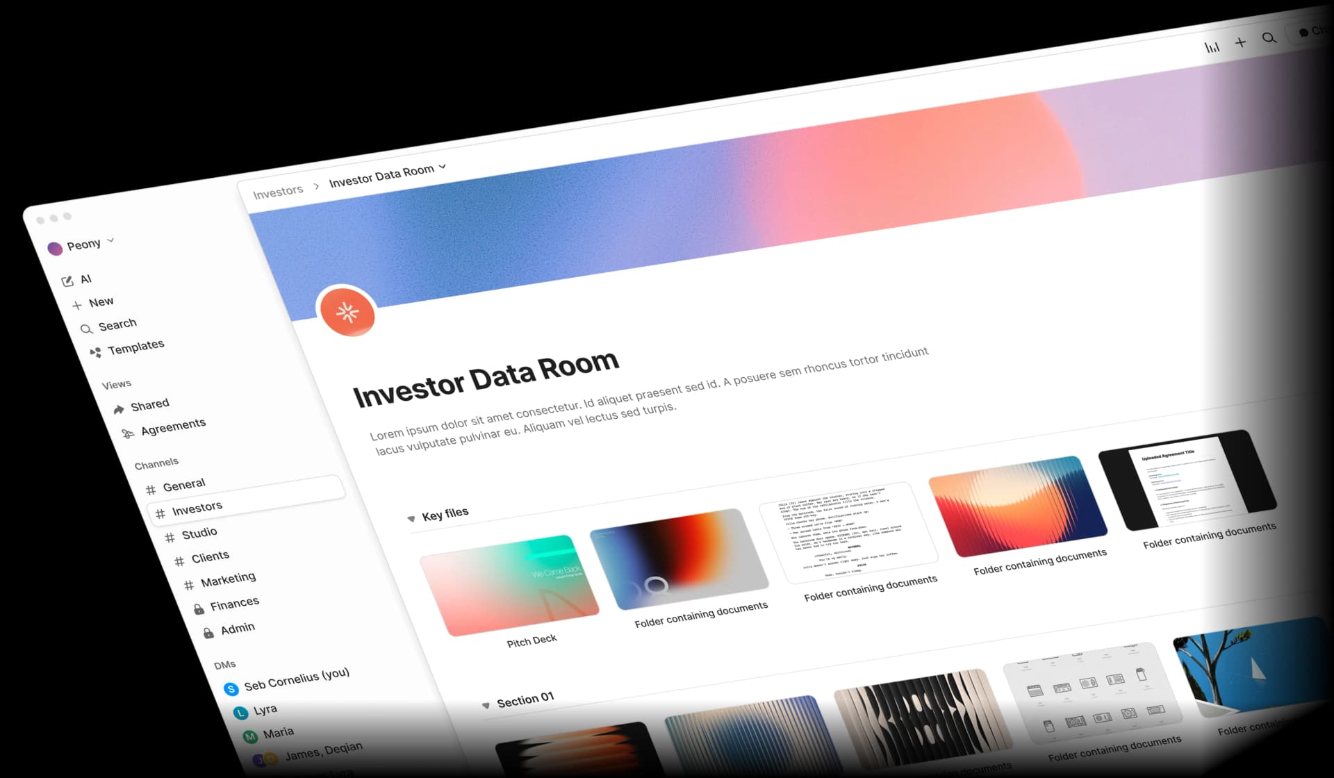 Peony data room with M&A due diligence documents organized by workstream using AI auto-indexing