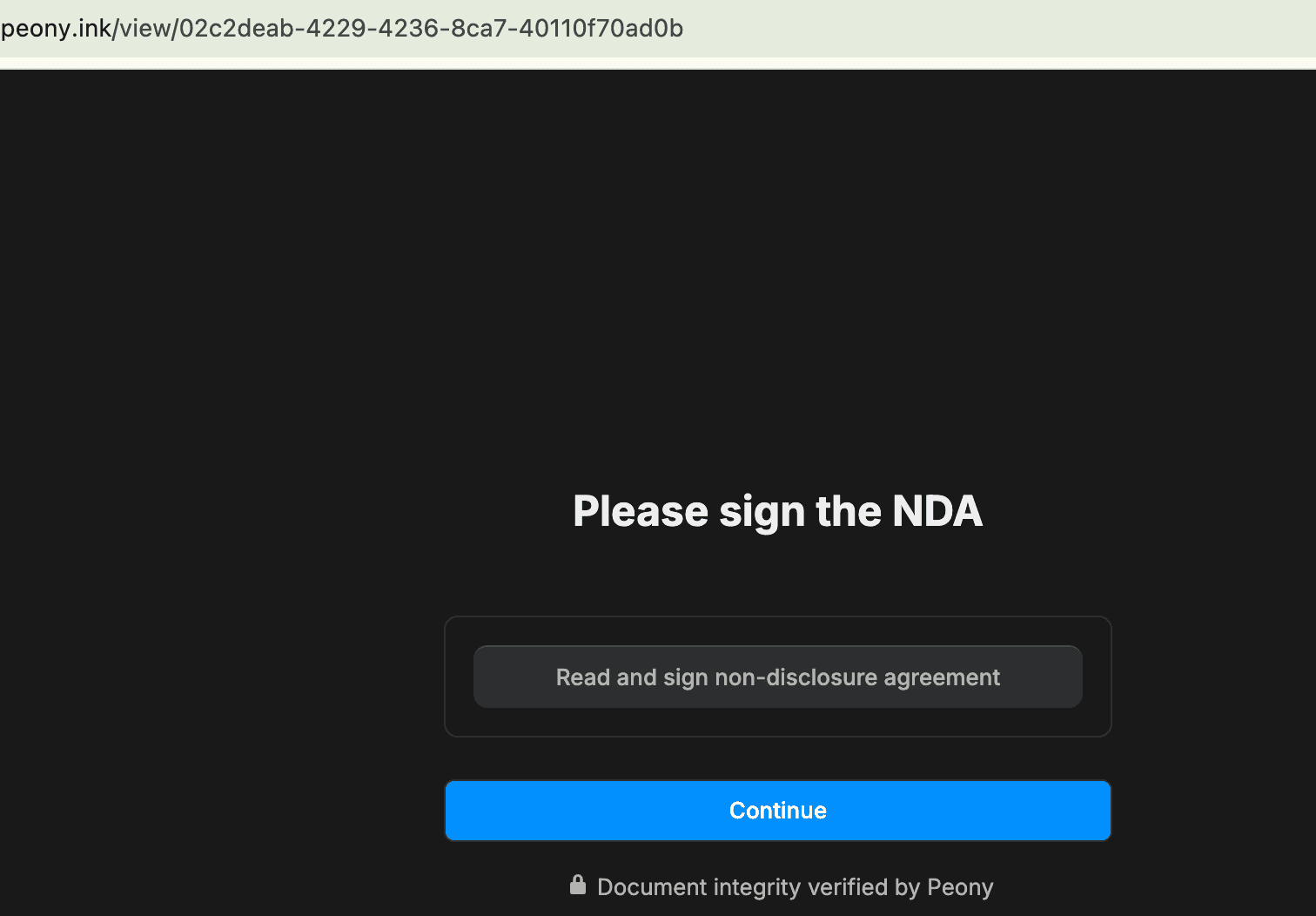 Peony NDA gate investor view during an M&A sell-side process — the "Please sign the NDA" screen every bidder sees before accessing the CIM. Select-template (e-signature) mode shown; checkbox acknowledgment mode is also available.