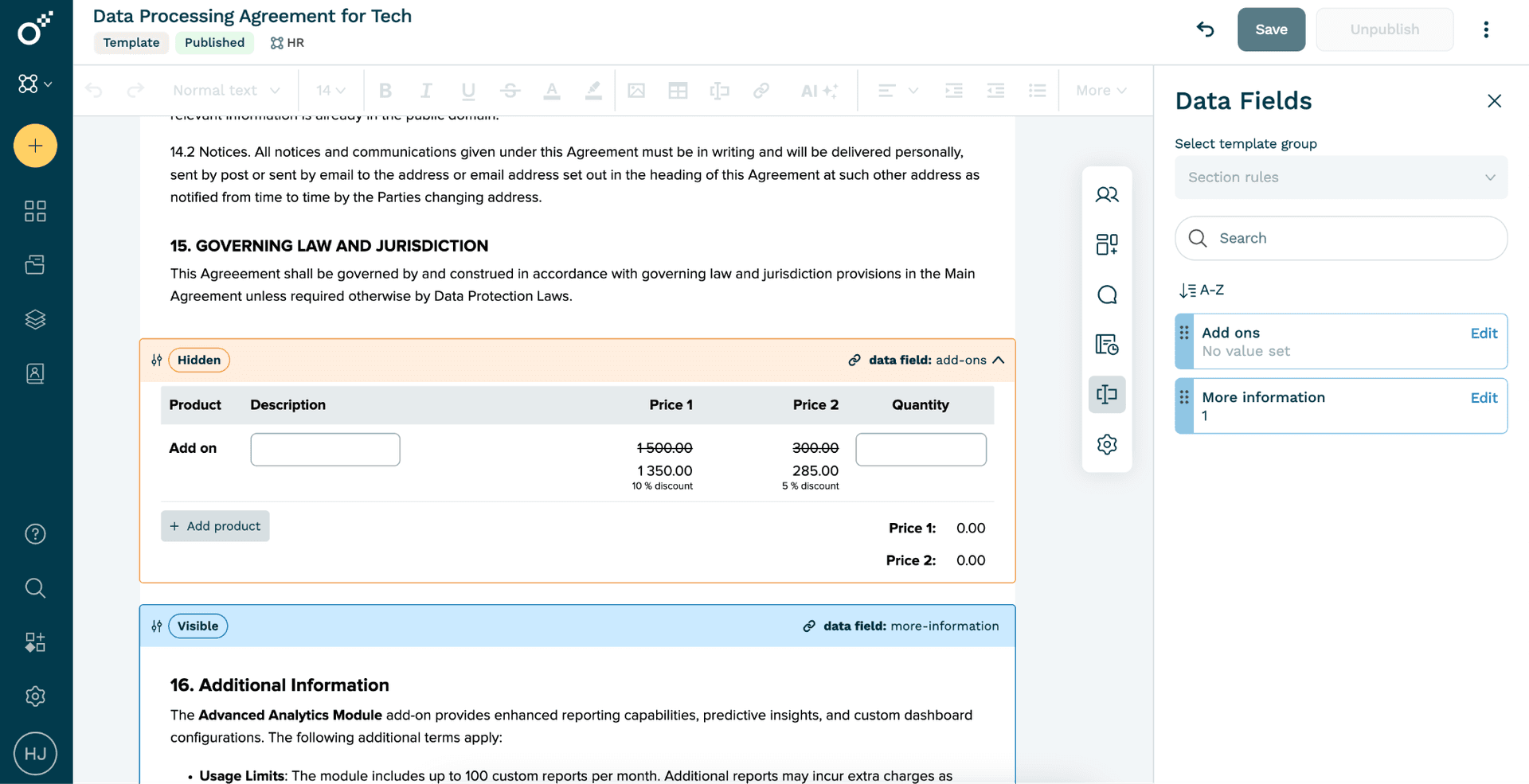 Oneflow contract template editor showing structured data fields for add-on products with pricing tiers, discounts, and quantities — illustrating Oneflow's interactive contracts vs static PDFs