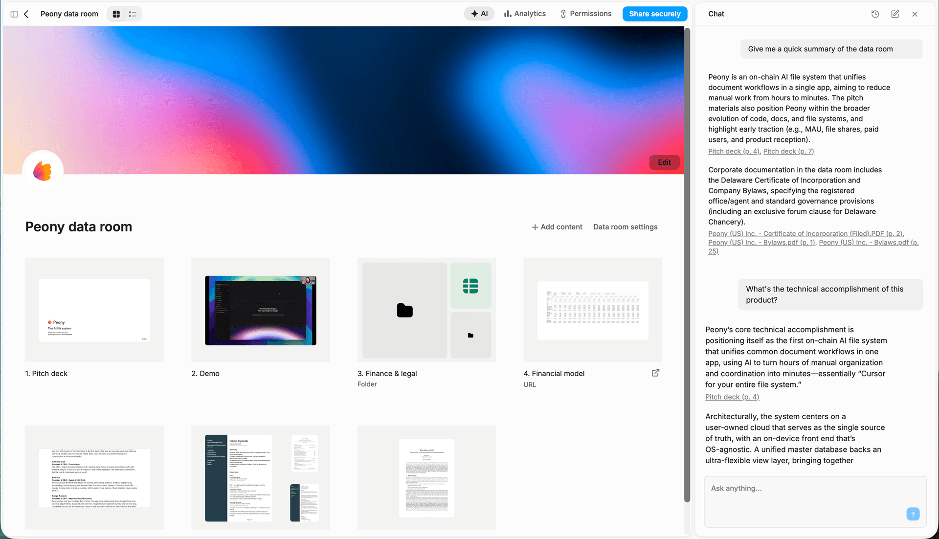Peony data room showing organized due diligence folders with AI chat answering natural-language questions about uploaded documents and citing specific page numbers