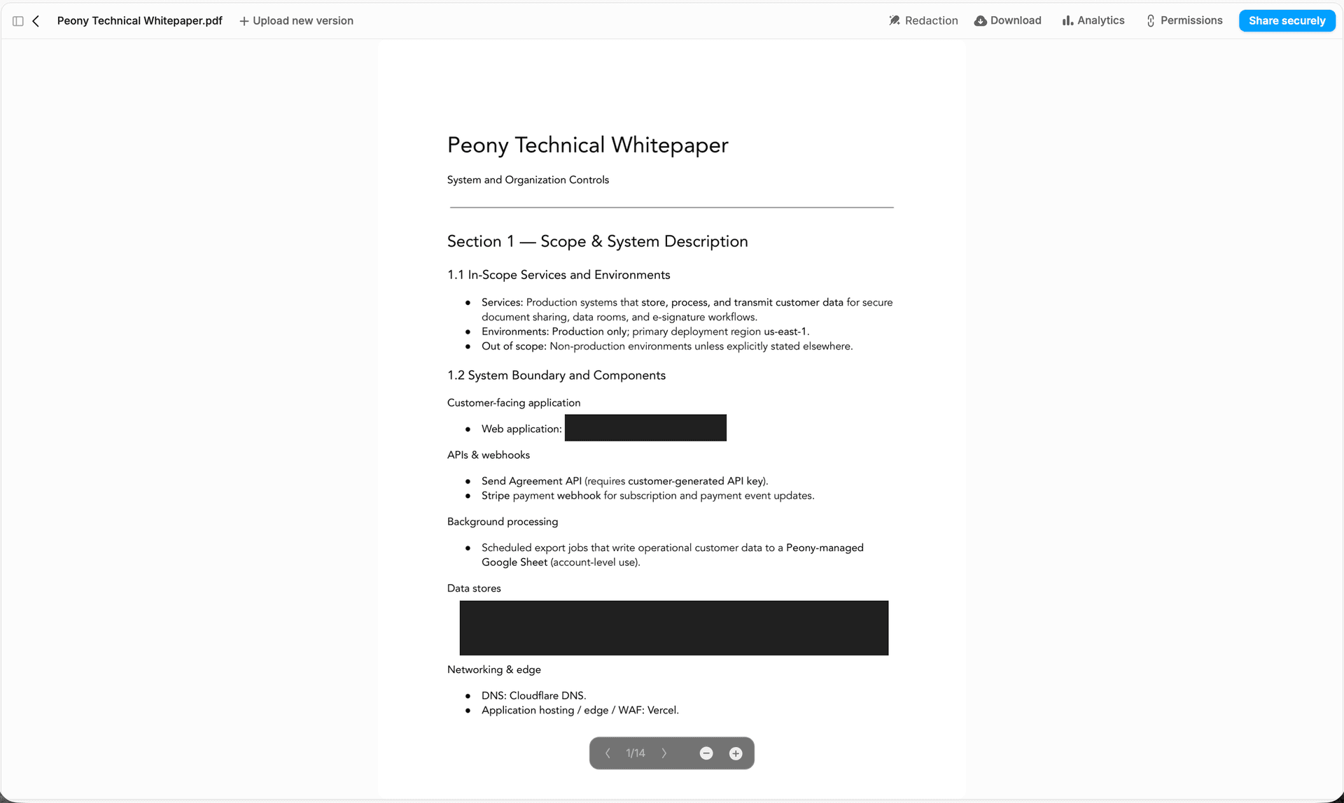 Peony document viewer with security toolbar showing Redaction, Analytics, Permissions, and secure sharing controls for a confidential whitepaper