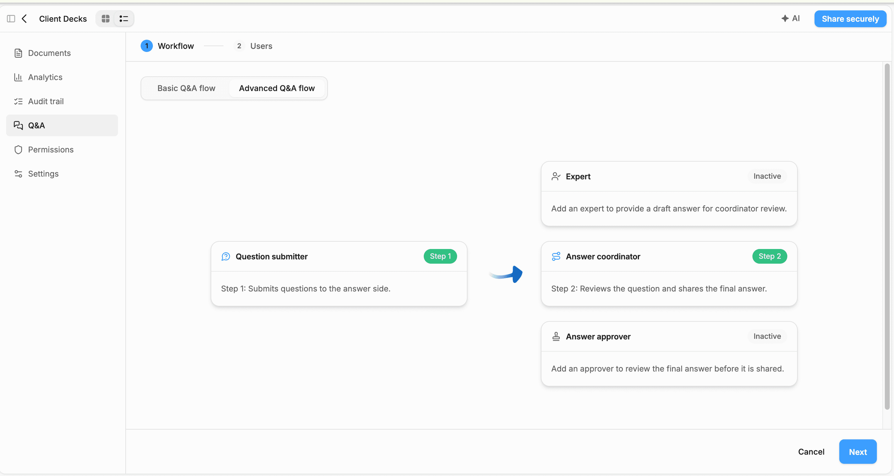 Peony Configure Q&A screen with the Advanced Q&A flow selected: the question submitter (Step 1) sends questions to the answer coordinator (Step 2), with optional expert and answer approver roles