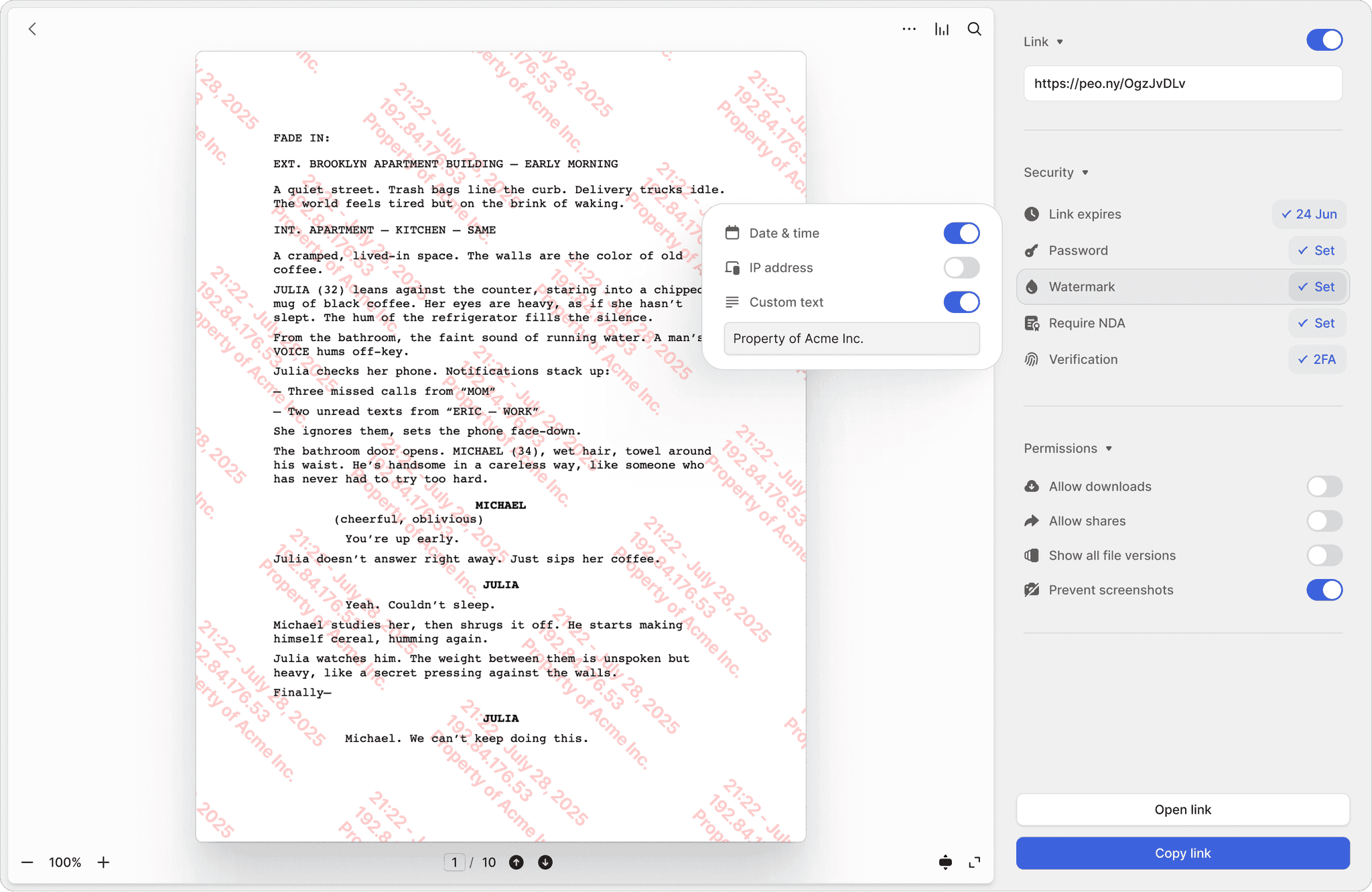Security features — watermarks, NDA gating, redaction