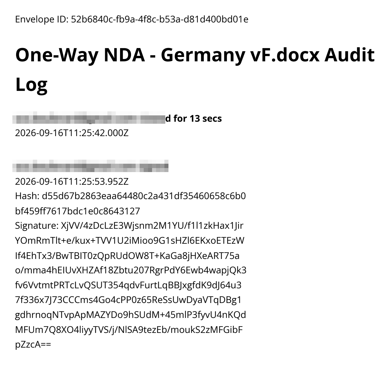 An NDA audit log PDF: envelope ID, the signer viewed the agreement for 13 seconds, then signed, with the timestamp, a document hash and the signature string
