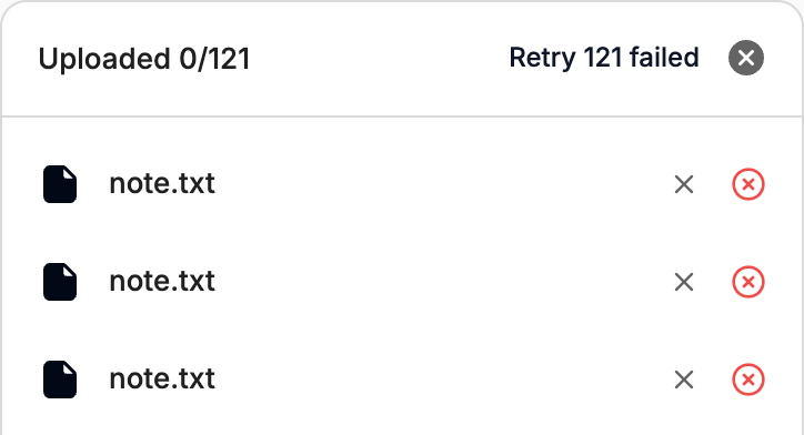 The upload panel reading Uploaded 0/121 and Retry 121 failed, with each note.txt marked by a red failed icon