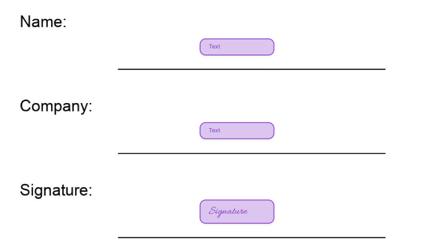 A signer's view of a test agreement with Name, Company and Signature fields in purple that can't be clicked or typed into