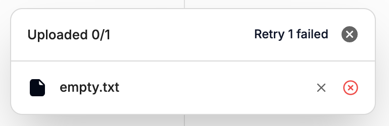 The upload panel reading Uploaded 0/1 and Retry 1 failed, with empty.txt marked by a red failed icon