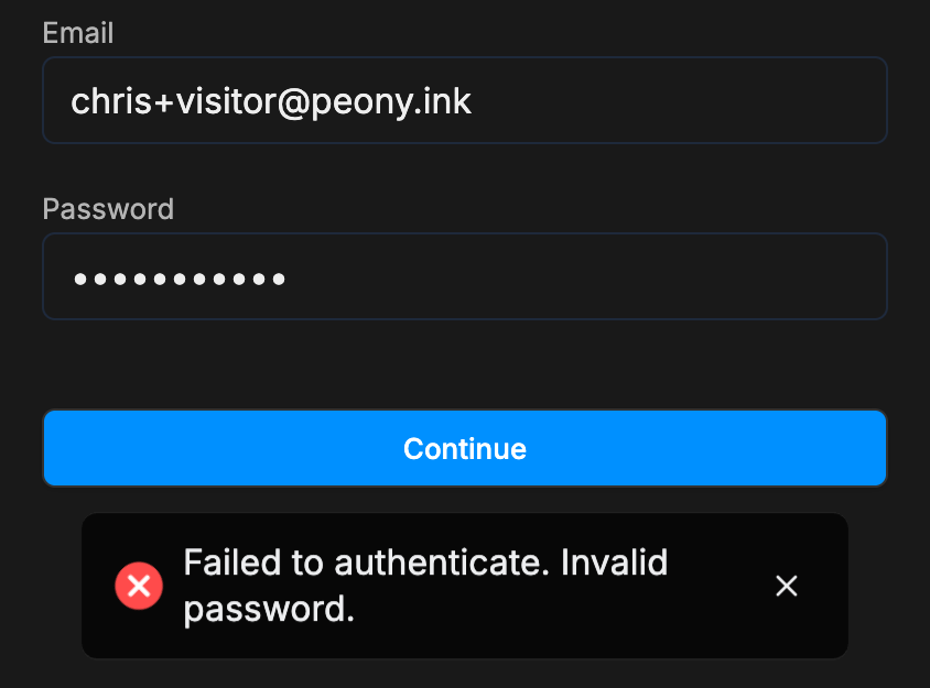 The visitor's sign-in screen with an email and a filled-in password above the Continue button, and a red notice: Failed to authenticate. Invalid password.