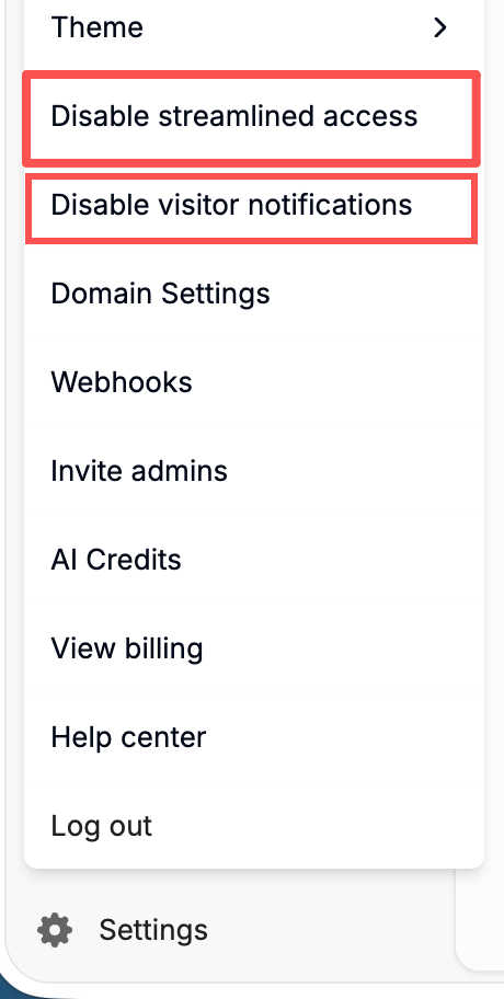 The Settings menu at the bottom-left of Peony, showing Disable streamlined access and Disable visitor notifications — both are on